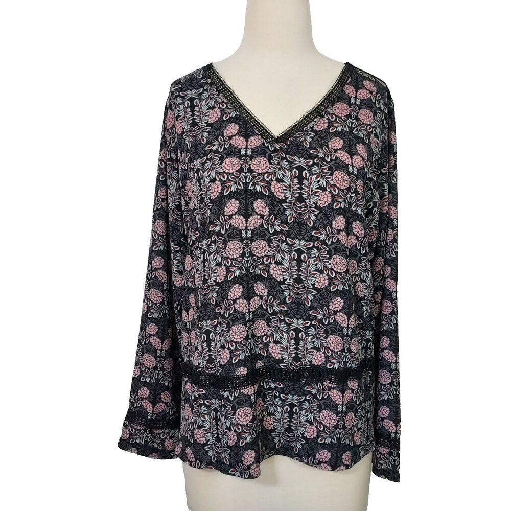 Indigo Shirt Top Women Plus Size 1X Floral Lace Trim Flowy Lightweight V Neck